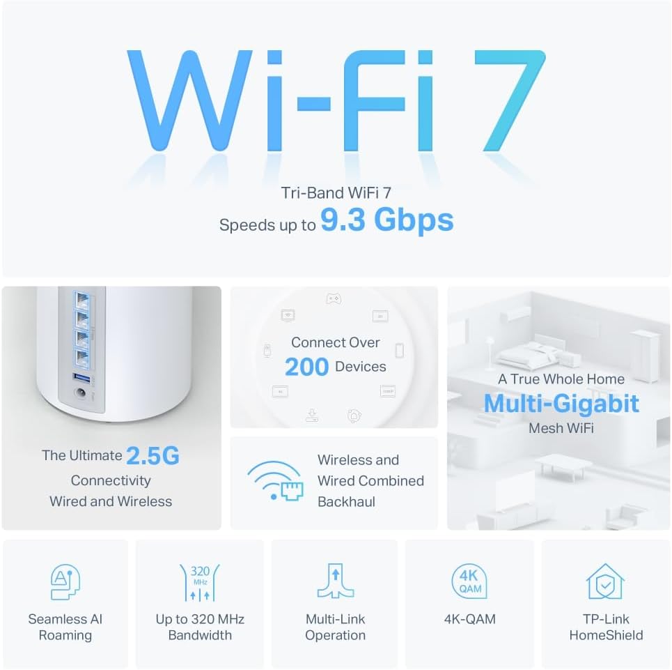 TP-Link Deco BE65 (3-Pack) BE9300 Tri-Band WiFi 7 Mesh System – 9.3Gbps, 2.5G Ports