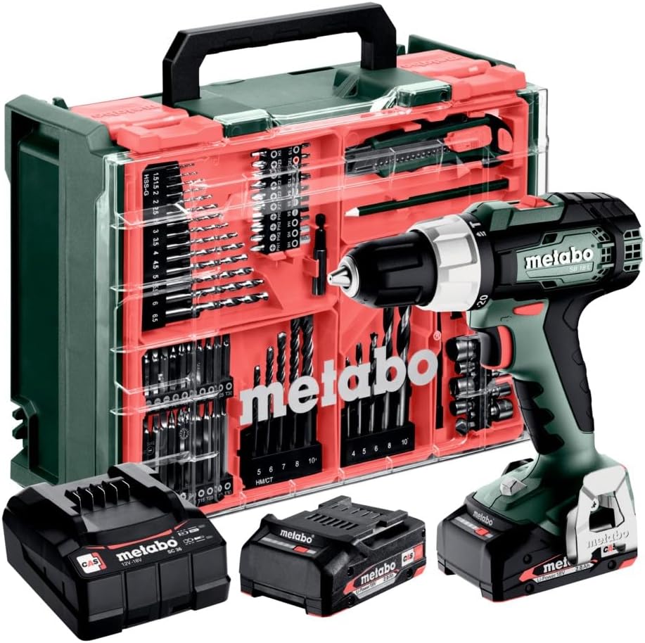 Metabo SB 18 L Combi Drill Kit – 18V Hammer Drill with 2 x 2.0Ah Batteries & 78-Piece Accessory Set (614053940)