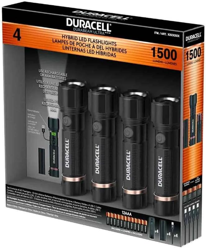 Duracell 1500 Lumen Dual Power Flashlight – 4 Pack with USB-C Charging