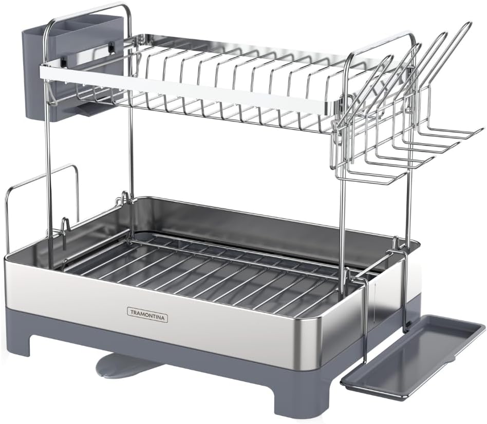 Tramontina 2 Tier Stainless Steel Dish Rack – Modern Kitchen Drainer with Drainboard