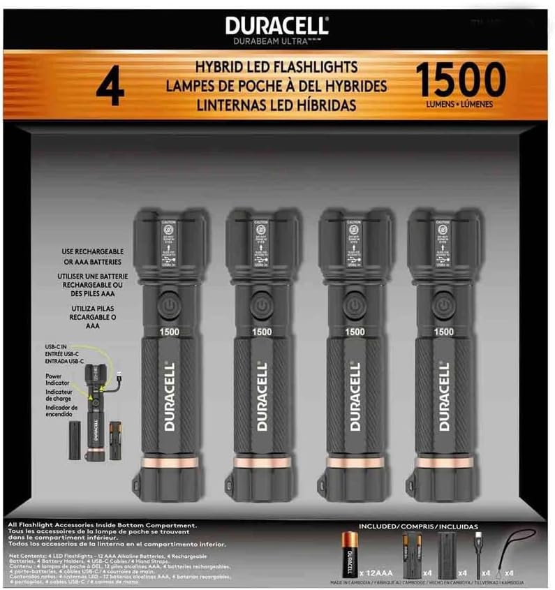 Duracell 1500 Lumen Dual Power Flashlight – 4 Pack with USB-C Charging