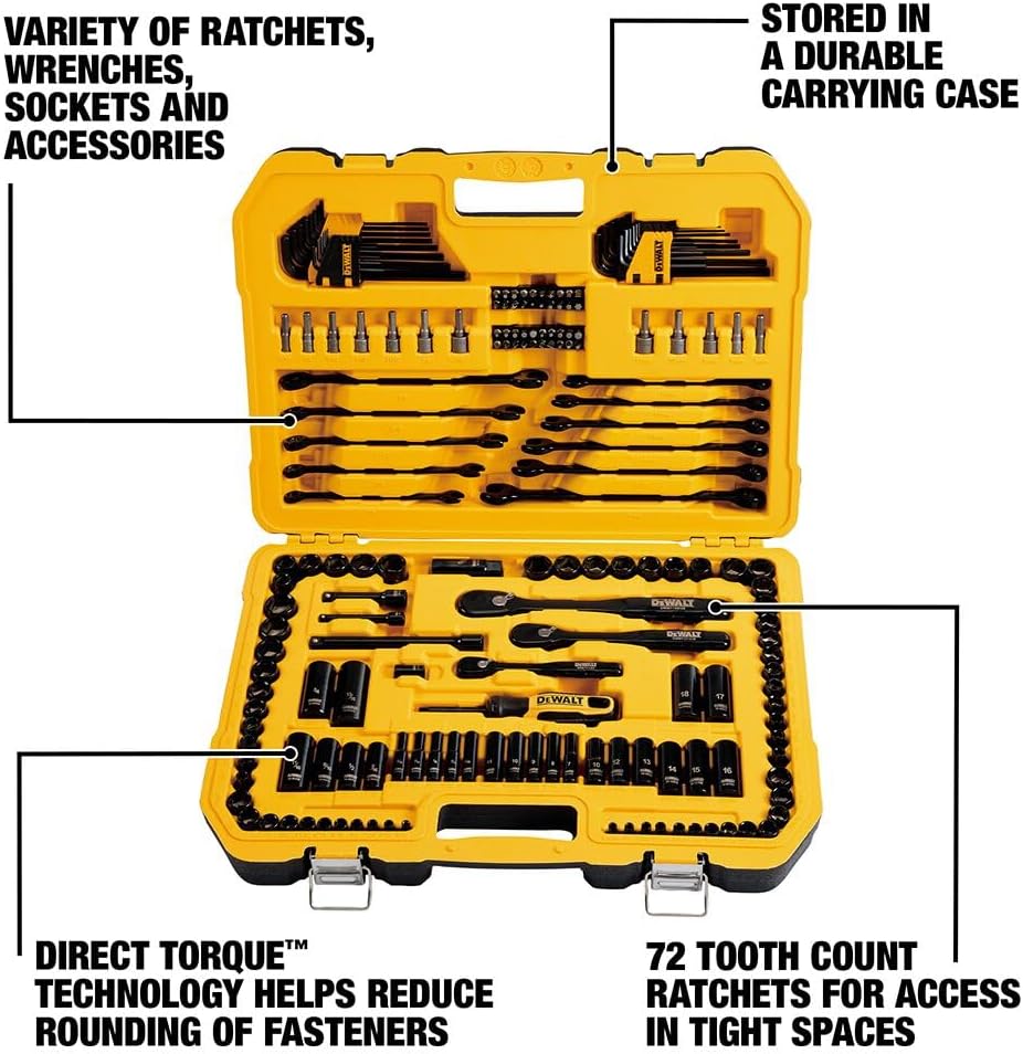 DEWALT DWMT45184 Drive Socket Set – 184 Piece Mechanics Tool Kit (Black Chrome)