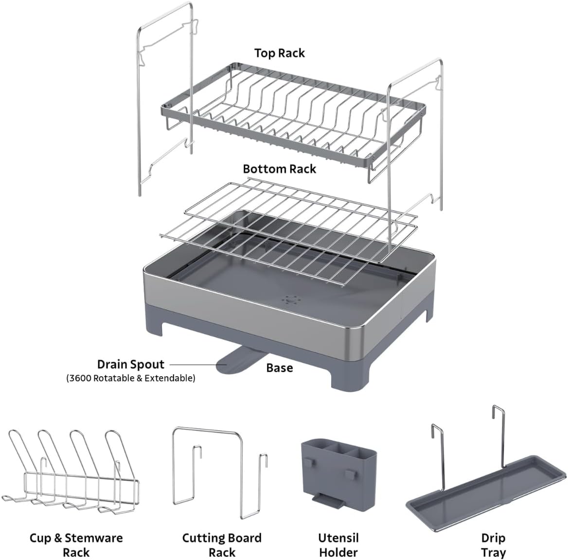 Tramontina 2 Tier Stainless Steel Dish Rack – Modern Kitchen Drainer with Drainboard