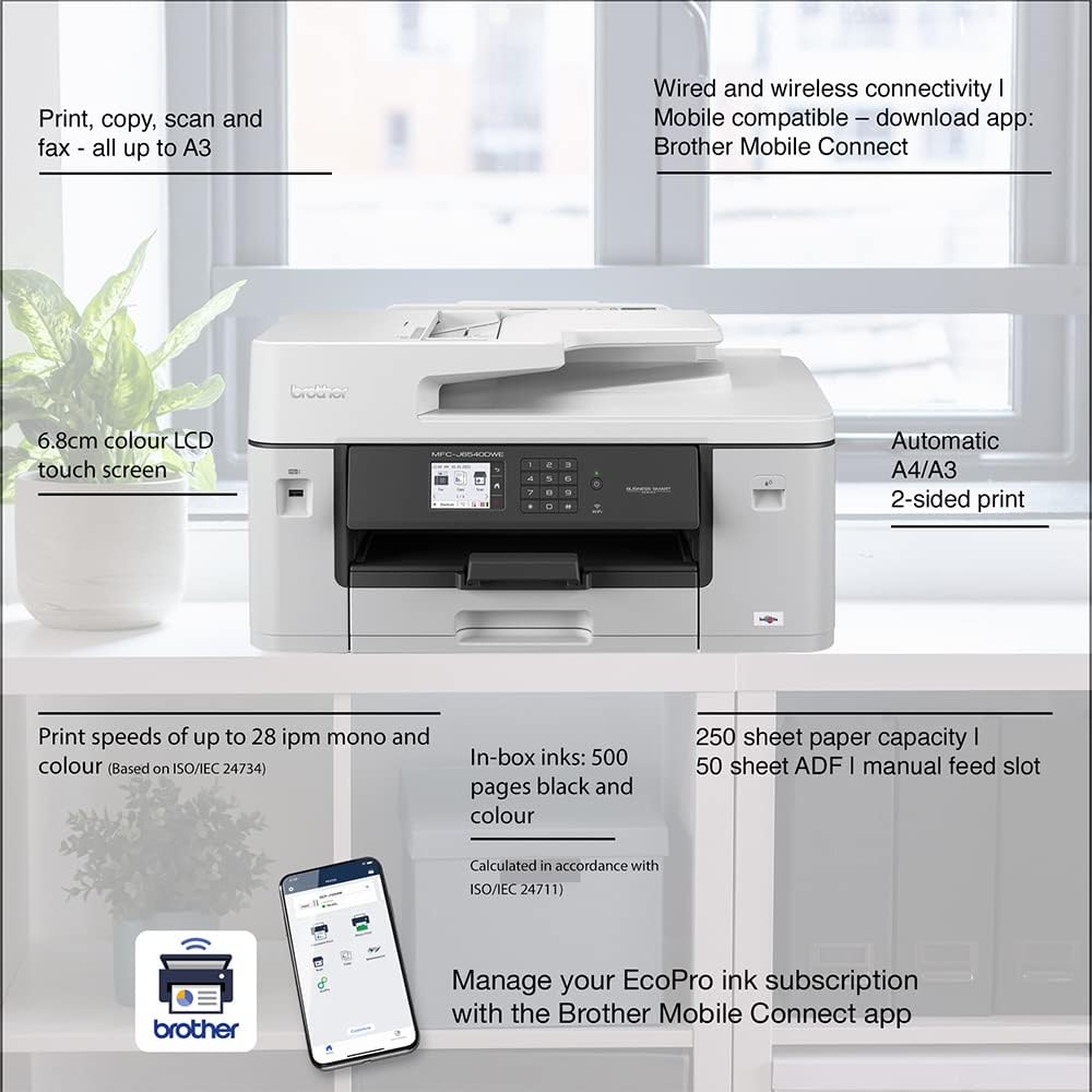 Brother MFC-J6540DWE Wireless Colour Inkjet Printer – A3/A4 4-in-1 with EcoPro Subscription (UK Plug)