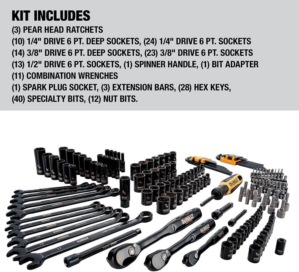 DEWALT DWMT45184 Drive Socket Set – 184 Piece Mechanics Tool Kit (Black Chrome)