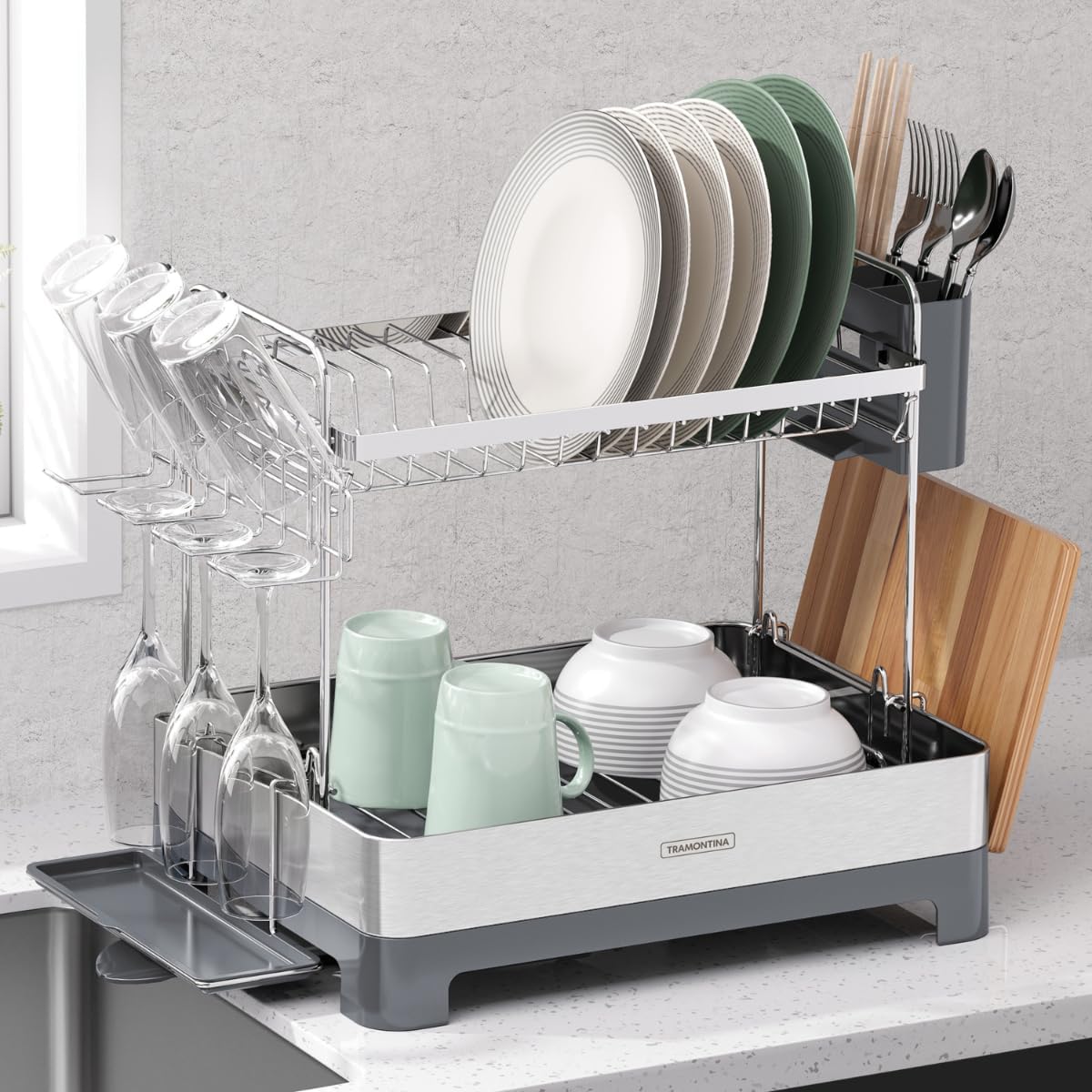 Tramontina 2 Tier Stainless Steel Dish Rack – Modern Kitchen Drainer with Drainboard
