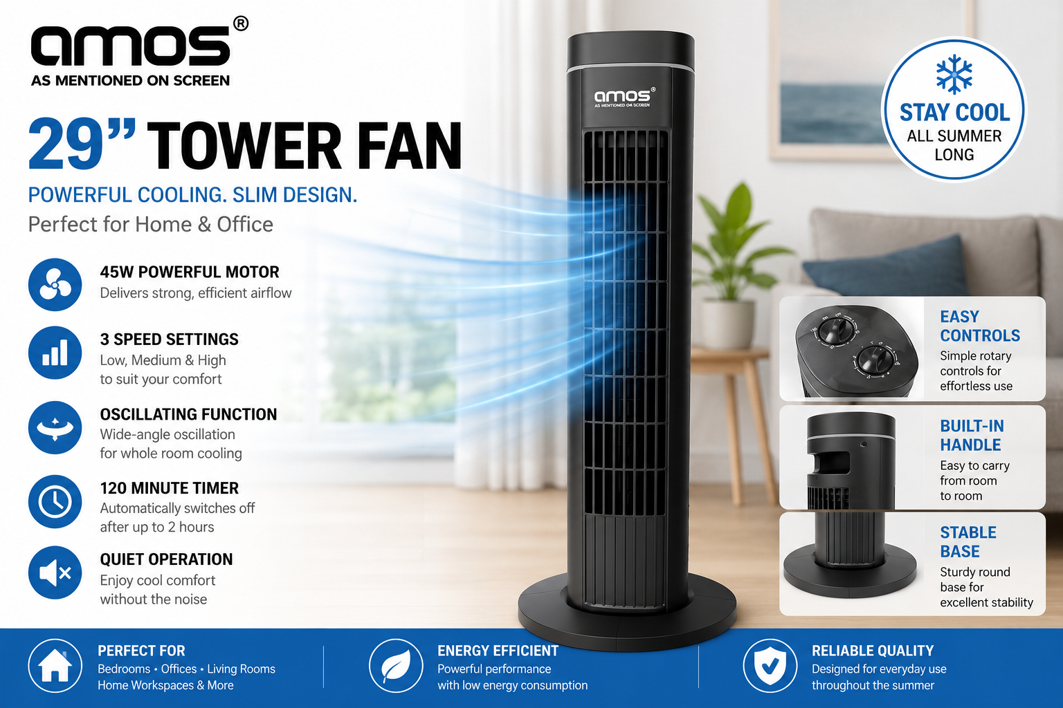 29" Tower Fan Oscillating 3-Speed Electric Cooling Fan Slim Portable Quiet Black